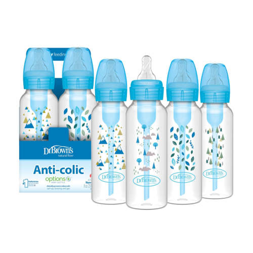Dr Brown's - 8oz/250mL Narrow Anti-colic Options+ Baby Bottle, Blue Nature, 4-Pack
