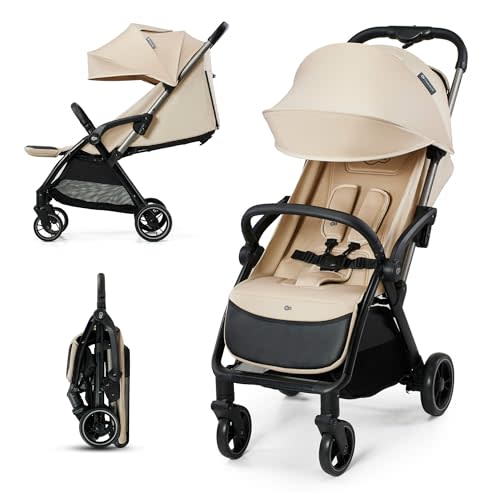 Kinderkraft APINO Lightweight Auto Folding Stroller, Compact Travel Baby Stroller for Newborn to Toddler, Reclining Seat, 5-Point Harness, Beige