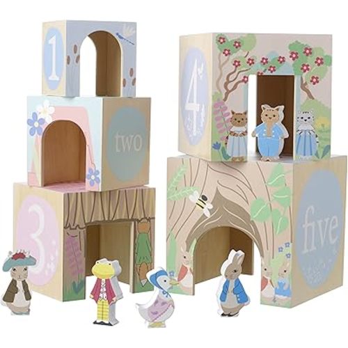 Orange Tree Toys Peter Rabbit: Wooden Stacking Cubes - 5 Numbered Stacking Cubes & 5 Beatrix Potter Character Figures, Stack & Play, Licensed, Toddler & Kids Age 18mo+