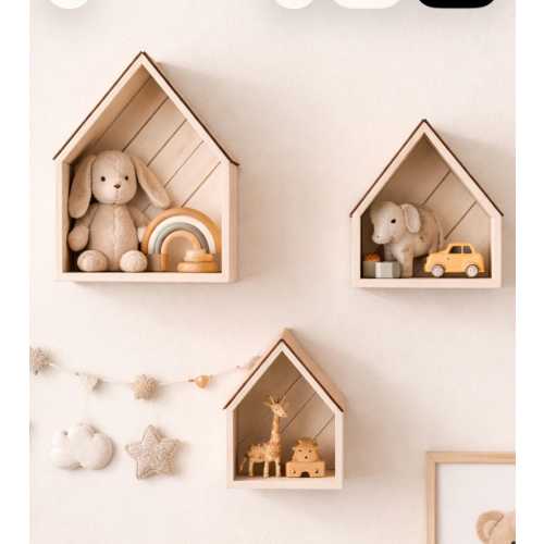 Set of 3 Wooden House Shelves | Nursery Wall Decor |  Montessori Kids Room Decor | Wooden Wall Storage | Minimalist Nursery