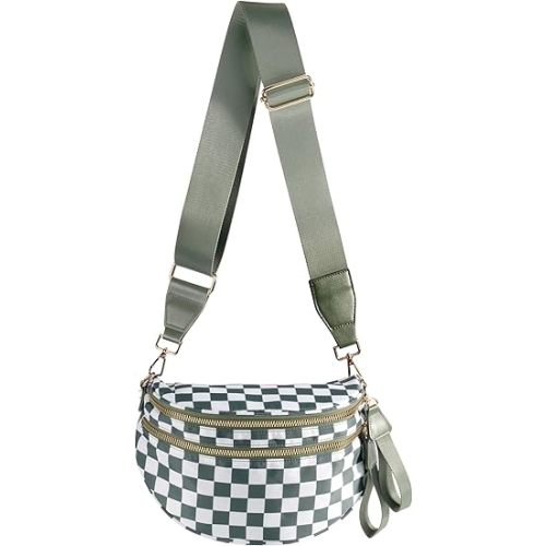 Spacious Checkered Nylon Crossbody Bag Bum Bag Checkered Handbags Wallets for Women