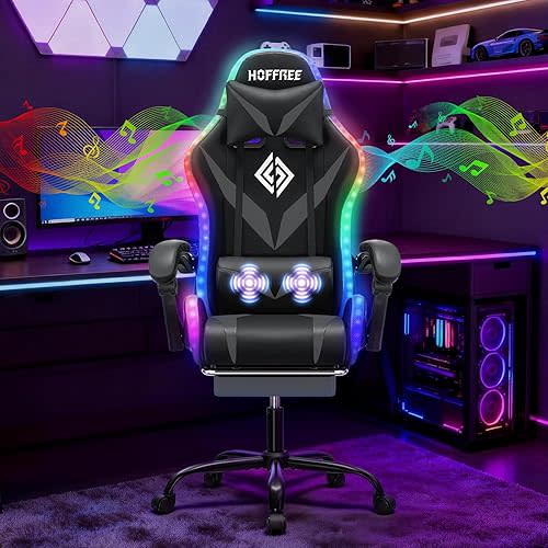 HOFFREE Gaming Chair Massage with Bluetooth Speakers and Led Lights Ergonomic Computer Gaming Chairs with Footrest RGB Video Game Chair with High Back Lumbar Support Grey and Black