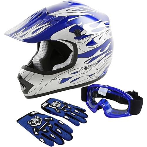 DOT Youth Kids Motocross Offroad Street Dirt Bike Helmet Youth Motorcycle ATV Helmet with Goggles Gloves Blue Flame S