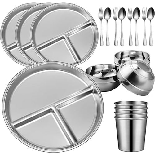 Potchen 20 Pcs Stainless Steel Plates Bowls Cups Spoons Forks 304 Stainless Steel Dinnerware Set Divided Plates Dinner Tray for Home Kitchen Restaurant(3 Compartment)