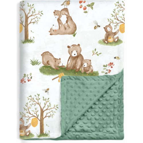 BOPRIO Baby Blankets for Boys Girls, Soft Lightweight Nursery Minky Blankets with Double Layer Dotted Backing for Infant Toddler Nursery Crib with Cute Bear Family Design 30 x 40 Inch