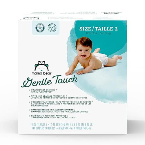 Amazon Brand - Mama Bear Gentle Touch Baby Diapers, Size 2, 184 Count (4 packs of 46), Leak Protection, Wetness Indicator, Fragrance-Free, Chlorine-Free