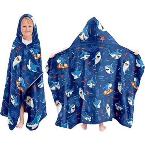 Kids Hooded Bath Towel, 30"X50" Cartoon Shark Towels, Soft Toddler Beach,Bathroom,Pool Swim Towels, Poncho Towel Perfect for Boy Girls Pool Beach Bath Swim