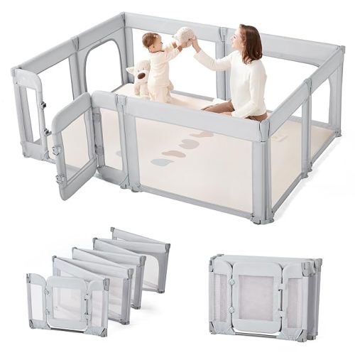 Sweeby Foldable Baby Playpen, 79x71 Playpens for Babies and Toddlers Extra Large Play Yard with Door Baby Fence with Gate and Indoor & Outdoor Play Pen,LightGrey