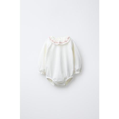 EMBROIDERED COLLAR BODYSUIT - Ecru | ZARA United States