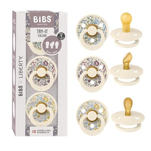 BIBS Colour Liberty Try-It Collection: 3 Soothers for Your Baby's Unique Needs, Round Nipple. Natural Rubber Latex, Made in Denmark, 0+ Months (Pack of 3), Eloise