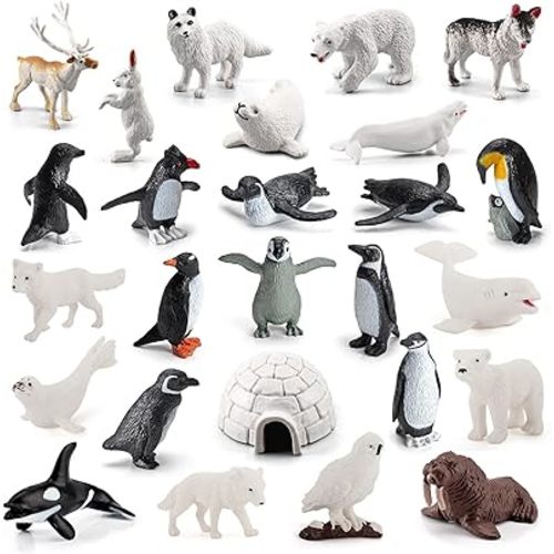 26Pcs Arctic Animal Figures - Polar Animal Toys Figurines with Penguins Arctic Fox Wolf Polar Bear Reindeer - Miniature Toys Cake Topper Christmas Birthday Gift for Kids & Toddlers