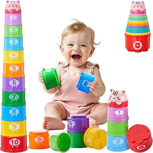 Baby Stacking Cups, Sorting Stacking Toys for Toddlers 1-3 Nesting Stackable Block with Number Montessori Toys for 1 Year Old Educational Sand Bath Birthday Gift for 6 9 12 18 Month Boy Girl