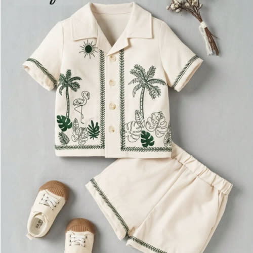 Souflis Souflis Baby Boy Fashionable Embroidered Tropical Short Sleeve Shirt And Shorts Set For Spring/Summer Vacation | SHEIN USA