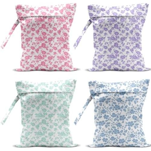 4 Pack Rose Floral Wet Bag Waterproof Washable Reusable Wet Dry Bag for Swimsuit Clothes Cloth Diaper Travel Beach Pool Yoga Gym Toiletries Gift for Women Bestie Sister Birthday Christmas