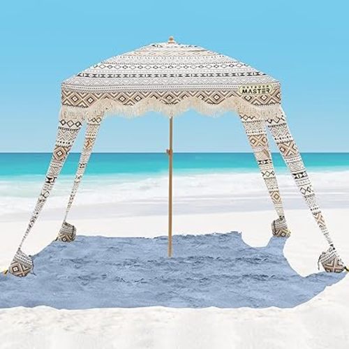 OutdoorMaster Beach Cabana with Fringes, Portable 6' x 6' Beach Canopy for Sand, Easy Set Up Beach Shelter, Included Side Wall, UPF 50+ UV Protection Sun Umbrella - for Family & Friends