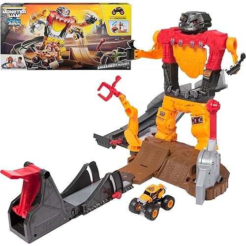 Monster Jam Smash & Bash SmashBot Playset with Launcher, Exclusive 1:64 Scale Monster Truck, 15-Inch Repairable Robot, Kids Toys for Boy and Girls Ages 3 and up