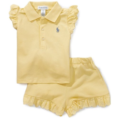 Ralph Lauren Baby Girls Flutter-Sleeve Eyelet Stretch Mesh Polo Shirt & Shorts Set