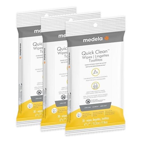 Medela Quick Clean Wipes for On-The-Go Cleaning of Breast Pumps, Accessories, and Various Surfaces, Resealable, Plant-Based, 3 Packs of 30 (90 Count)