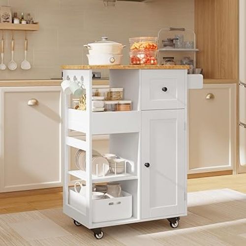 Gizoon Kitchen Island Cart on Wheels, Rolling Serving Utility Cart with Drawers and Doors, Bar Cart with Adjustable Shelf and Removable Tray for Dining Room, White, Tabletop-Oak Color