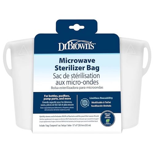 Dr. Brown’s 100% Silicone Microwave Steam Sterilizer Bag for Baby Bottles, Breast Pump Parts & Other Toddler Accessories, Reusable Sterilizing Bag