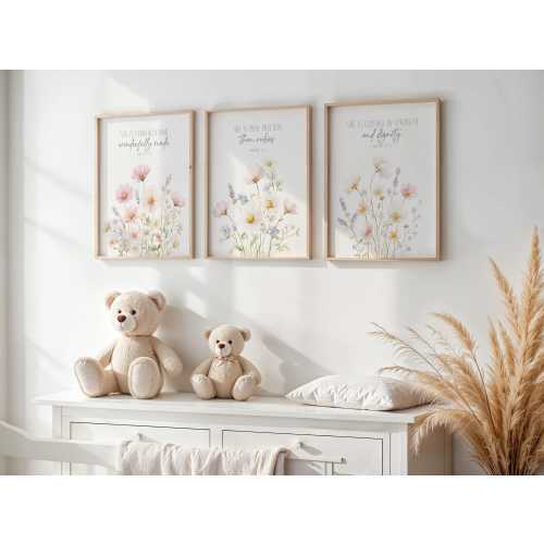 Cottagecore Christian Nursery Wall Art Set of 3: Bible Verse Floral Prints, Coquette Baby Girl Room Decor, Christian Decor, Pink Flower Art