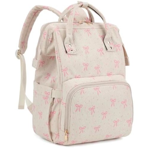 Corduroy Diaper Bag Backpack for Mom, Large Capacity Travel Nappy Bag for Baby Girls & Boys with Stroller Straps (Beige Corduroy Bow Tie)