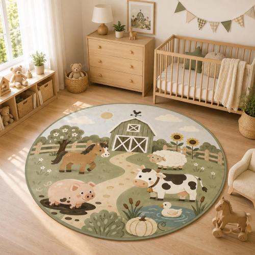 Farm Animals Round Rug, Nursery Decor, Kids Playroom Carpet, Baby Mat