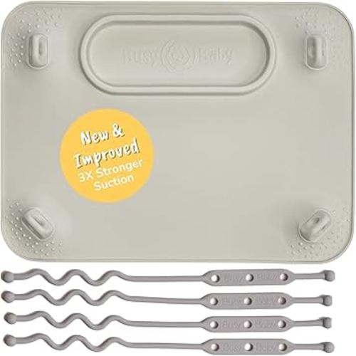 BUSY BABY Silicone Mat - New and Improved Suction Cups, 4 Straps to Secure Baby Essentials, Self Feeding, Baby Led Weaning, Travel Sleeve Included (Tan)