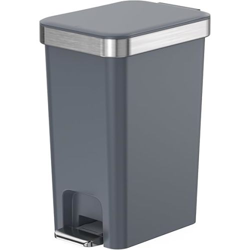 Small Bathroom Trash Can with Lid Soft Close, 10 Liter/2.6 Gallon Slim Garbage Can-Metal Step and Press top Lid, Mini Modern Waste Basket for Toilet, Office, Bedroom,Dorm,Dark Gray