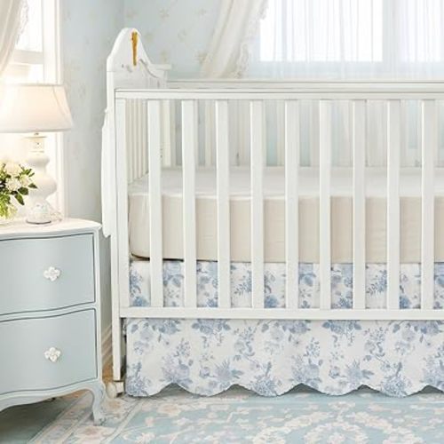 Brandream Scallop Edge Cotton Crib Skirt, Baby Girl, French Country Blue Toile Crib Skirt Toddler Bedskirt Farmhouse Chic Nursery Crib Bed Skirt, Boho Bohemian Vintage Grandmillennial Floral Print