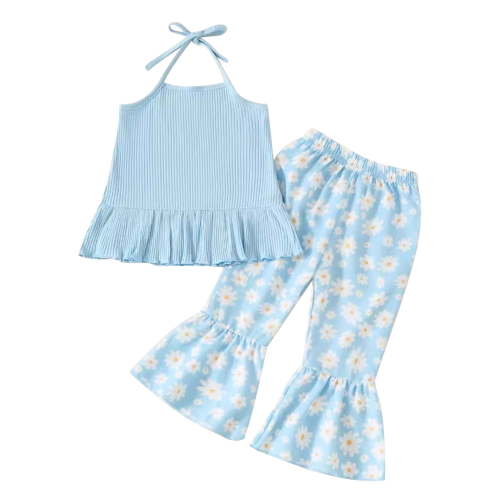 Toddlers and Baby Girls' Short & Top Set Little Girl Top + Flower Printed Trousers 2 Piece Fashion Flare Trouser Suit Fashion Outfits for 18-24 Months
