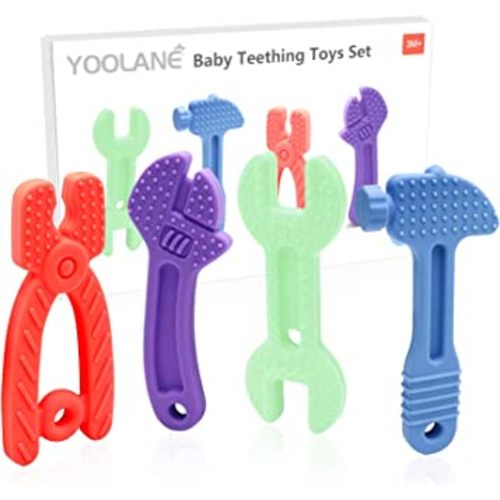 Yoolane 4-Pack Baby Teething Toys for Babies 0-6 Months 6-12 Months, Tool Shape Baby Teether Toys for Infant Toddler, Silicone Baby Chew Toys Molar Teethers Set, Baby Boy Toys, BPA Free and Freezable