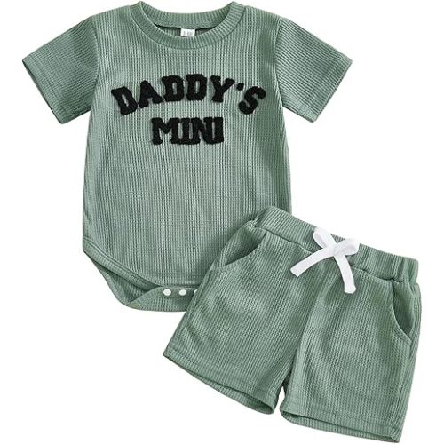 Kupretty Baby Boy Clothes 3 6 12 18 Months Summer Outfit Daddy's Mini Embroidery Waffle Short Sleeve Romper & Shorts Set