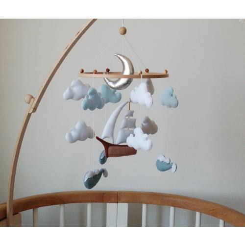 Felt Ship Baby Mobile: Minimalist Nursery Decor, Ocean Waves