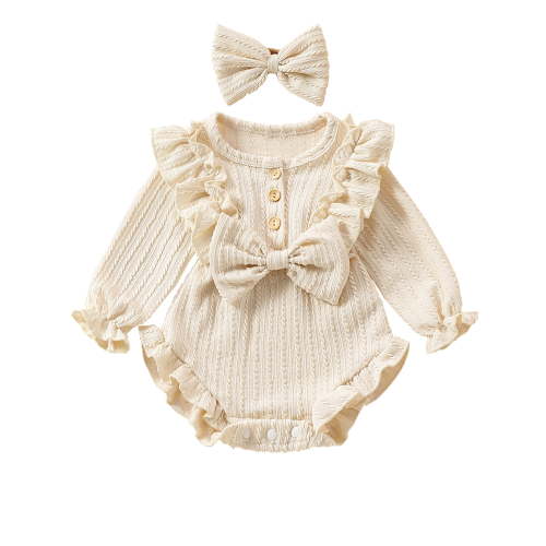 WIBACKER Newborn Infant Baby Girl Fall Winter Clothes Knit Ruffle Long Sleeve Bubble Romper Bodysuit One-Piece Outfit with Headband