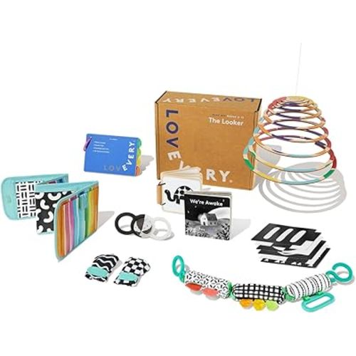 Lovevery, The Looker Play Kit with Bonus Book We're Awake, Newborn Sensory Toys & High-Contrast Visual Cards for Brain Development (0–12 Weeks)