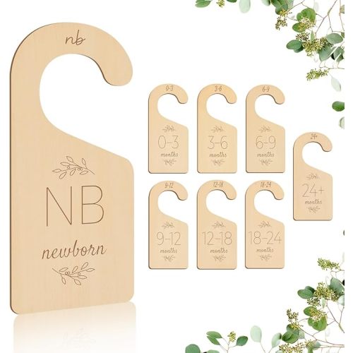 Wooden Baby Closet Dividers - 8 Pcs Double-Sided Design for Newborn Nursery Room Wardrobe Storage by Months Size - Perfect Toddler Clothes Organizer (Olive-1)