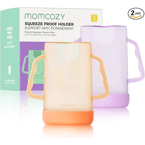 Momcozy Baby Pouch Holder No Squeeze, Baby Food & Juice Box Holder, Mess-Free, Easy Grip for Self-Feeding, BPA-Free & DEHP-Free, Must-Have for Babies, Violet&Orange 2Pcs
