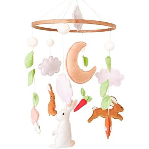 Baby Crib Mobile for Girls Boys, Woodland Baby Mobile for Crib, Bunny Nursery Mobile for Bassinet, Pack and Play, Rabbit Nursery Decor, Moon Cloud Mushroom
