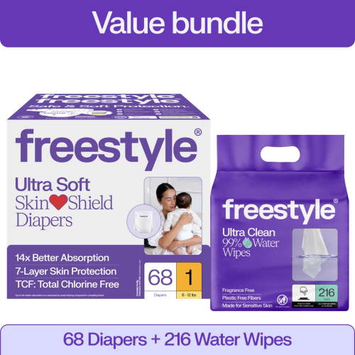 Freestyle Diapers Size 1, 68 Count & Fragrance Free Baby Wipes, 216 Count Bundle (Select for More Options)