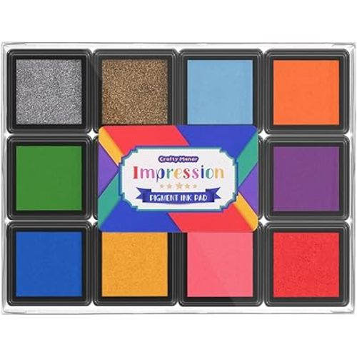 CraftyManor Mini 12 Color Pigment Ink Pads for Stamps, Fingerprint Ink Pad, Stamp Pad for Scrapbook Paper & Stamps for Clothing Stamp & Letter Stamps, Archival