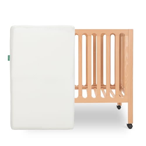 Newton Baby Galileo Mini Crib Solid Beech Wood with Wheels in Natural Color, Mini Crib Mattress Included, Adjustable Mattress Height, Ultra-Safe Non-Toxic Finish