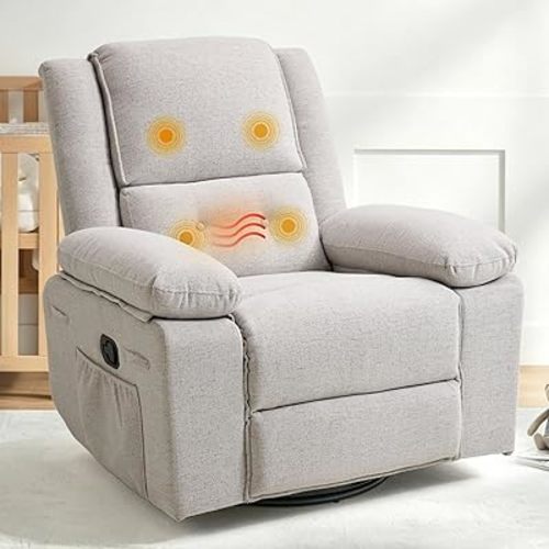 Softa Swivel Rocker Recliner for Adults, Manual Reclining Chair with Massage & Heat, Side Pocket, Compact Nursery Glider Recliner for Living Room, Bedroom or Apartment, Light Grey