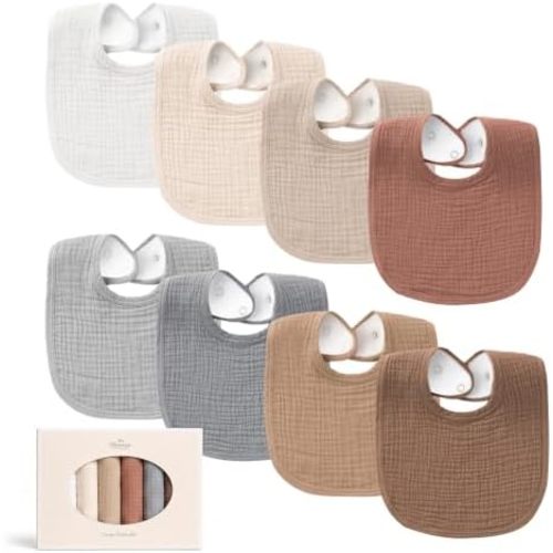 Konssy 8-Pack Muslin Baby Bibs, Adjustable Fit for Drooling and Teething