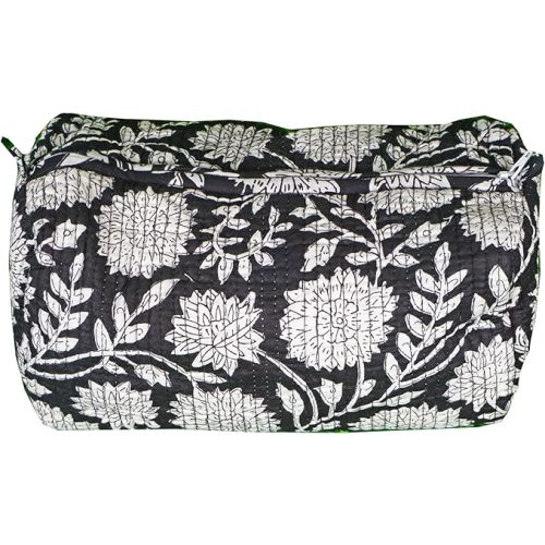 Generic Pieces Indian Handmade Cotton Quilted Handmade Floral Hand Block Print Toiletry Bag,Cosmetic Pouch Bag Makeup Bag For Women (1, Black), 85485