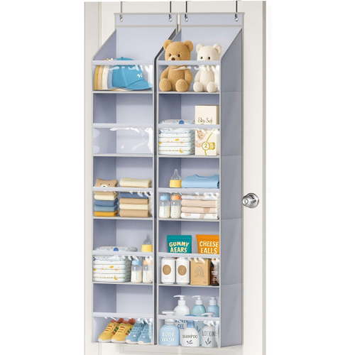 2 Pack Over the Door Organizer, Large Capacity Closet Door Hanging Organizer, Clear Deep Pockets Baby Organizer Storage for Nursery, Bathroom, Bedroom, Pantry, Diapers (Grey)