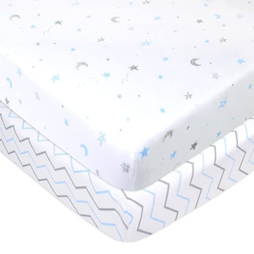 American Baby Company 2 Pack 100% Natural Cotton Fitted Pack and Play Sheets 39" x 27" - Soft & Breathable Pack N Play Sheets for Playard & Mini Crib Mattress, Blue Stars/Zigzag, for Boys & Girls