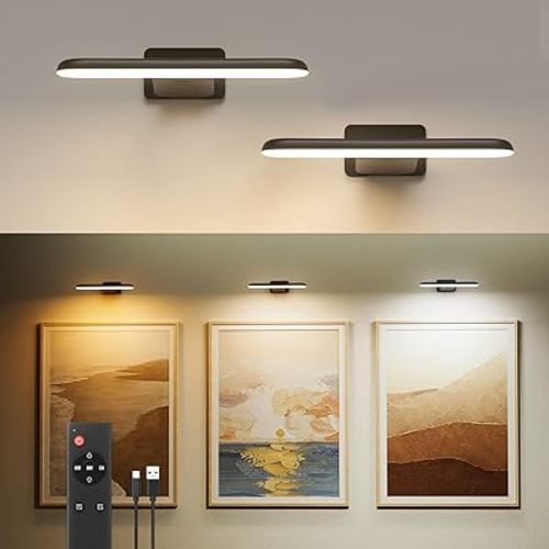 FULEN 2 Pack Picture Lights for Wall,Art Lights for Painting,Battery Operated Wall Sconce Rechargeable,LED Wall Light Cordless with Remote, Frame,Gallery,Dartboard Lights No-Drill,Black