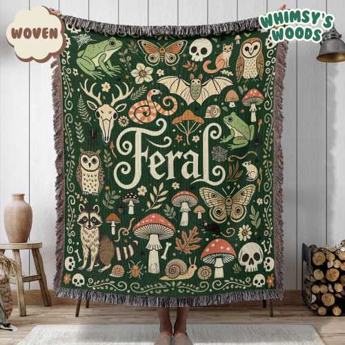 Feral Goblincore Woven Blanket | Cute Skeleton, Moss & Raccoon Design | Vintage Dark Cottagecore Skull Gift | Nature Lover Blanket