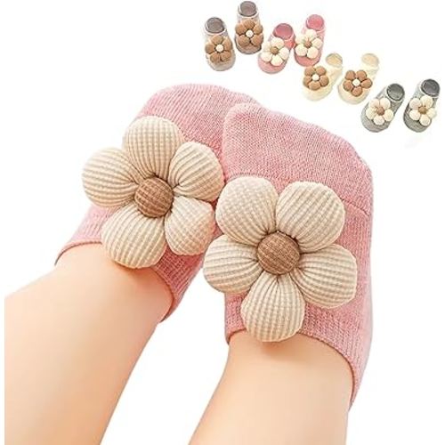 KEAINVRN 4Packs Baby Girls Socks,Flower Non-Slip Grips for Babies Toddler Princess Low Cut Ankle Socks for Girls